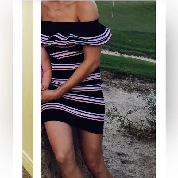 Gianni Bini Black, Blue, White, Burgundy Striped Ruffle Off the Shoulder Dress - Picture 7 of 16